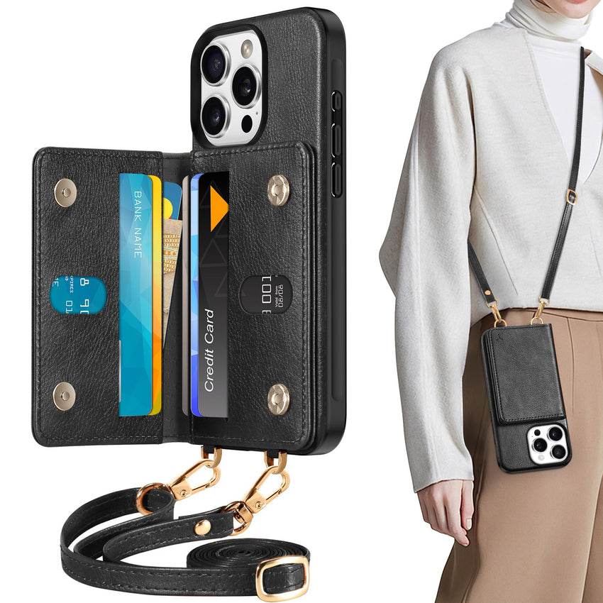 TUCCH Crossbody Wallet Case for iPhone 16 Pro (6.3"), RFID Blocking [6 Card Slots][Detachable Adjustable Lanyard], Magnetic Flip Wallet PU Leather Shockproof Phone Cover for iPhone 16 Pro, Black - 7DAY'S