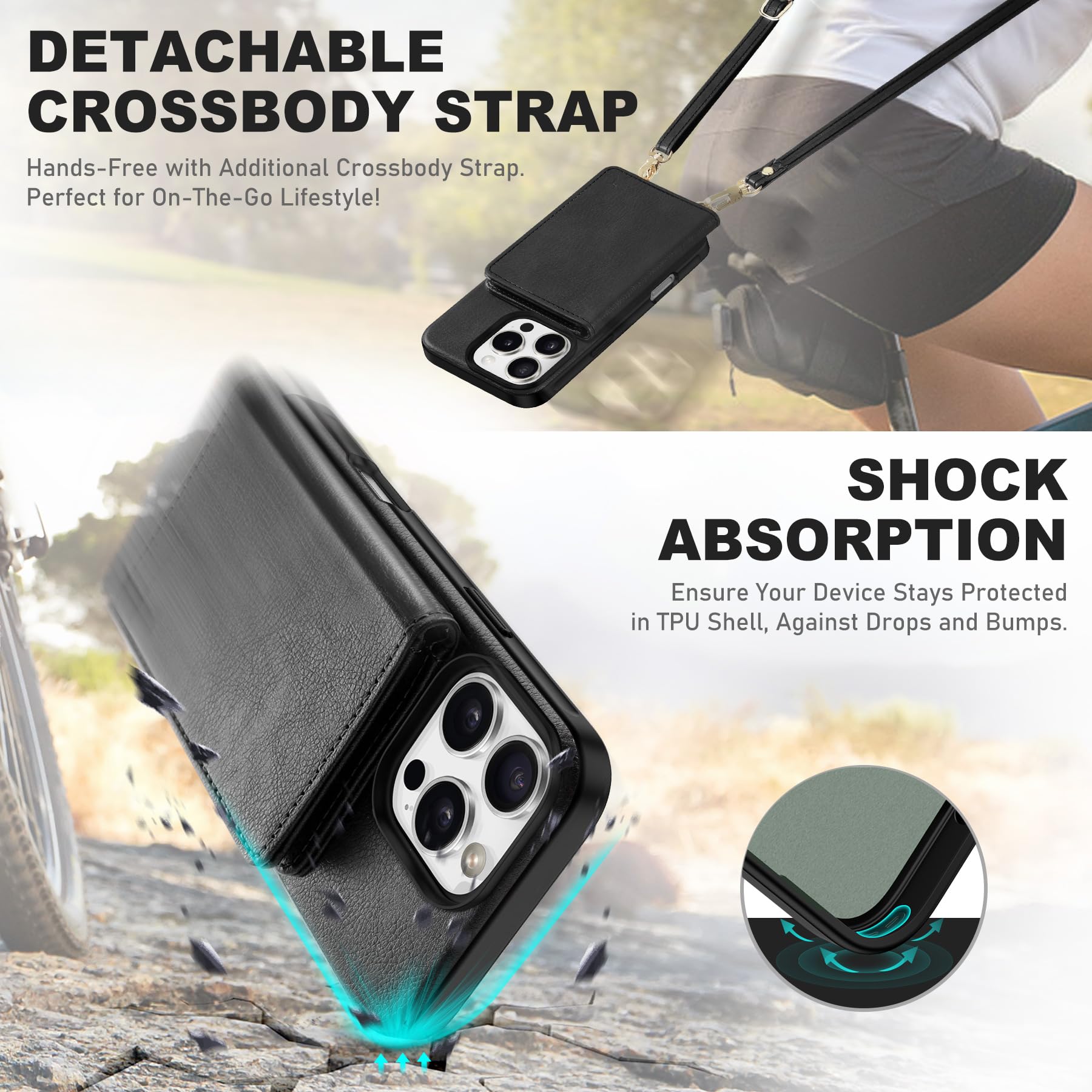 TUCCH Crossbody Wallet Case for iPhone 16 Pro (6.3"), RFID Blocking [6 Card Slots][Detachable Adjustable Lanyard], Magnetic Flip Wallet PU Leather Shockproof Phone Cover for iPhone 16 Pro, Black - 7DAY'S