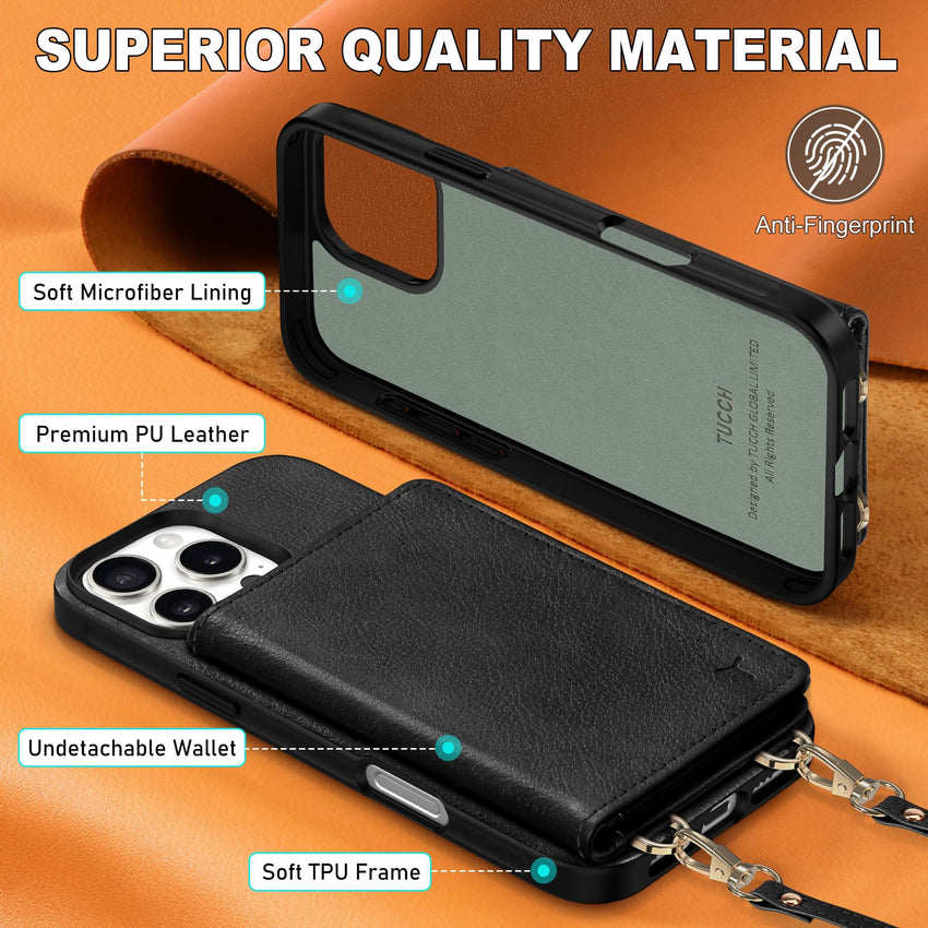 TUCCH Crossbody Wallet Case for iPhone 16 Pro (6.3"), RFID Blocking [6 Card Slots][Detachable Adjustable Lanyard], Magnetic Flip Wallet PU Leather Shockproof Phone Cover for iPhone 16 Pro, Black - 7DAY'S
