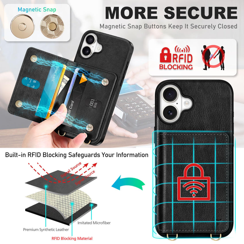 TUCCH Crossbody Wallet Case for iPhone 16 Pro (6.3"), RFID Blocking [6 Card Slots][Detachable Adjustable Lanyard], Magnetic Flip Wallet PU Leather Shockproof Phone Cover for iPhone 16 Pro, Black - 7DAY'S