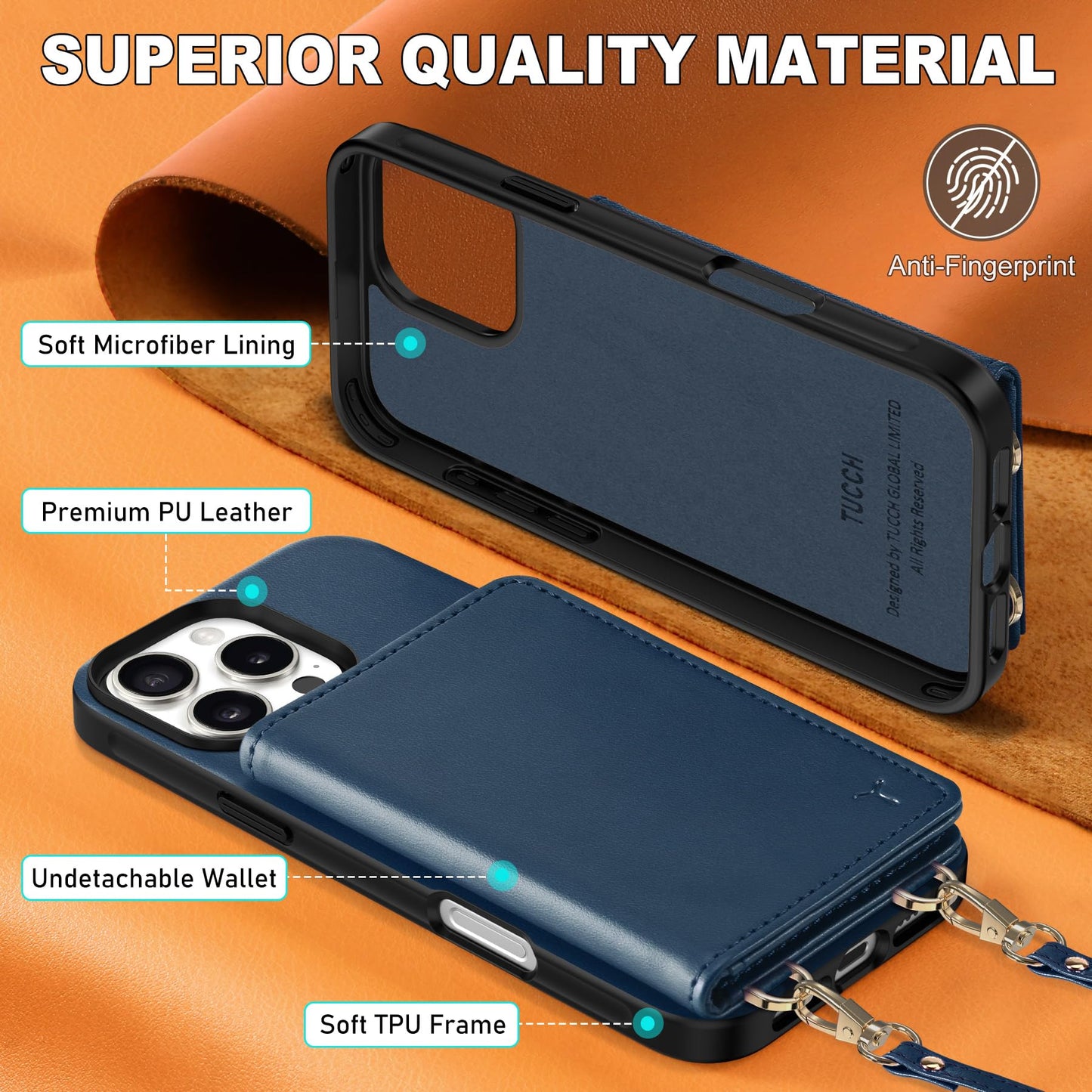 TUCCH Crossbody Wallet Case for iPhone 16 Pro (6.3"), RFID Blocking [6 Card Slots][Detachable Adjustable Lanyard], Magnetic Flip Wallet PU Leather Shockproof Phone Cover for iPhone 16 Pro, Black - 7DAY'S