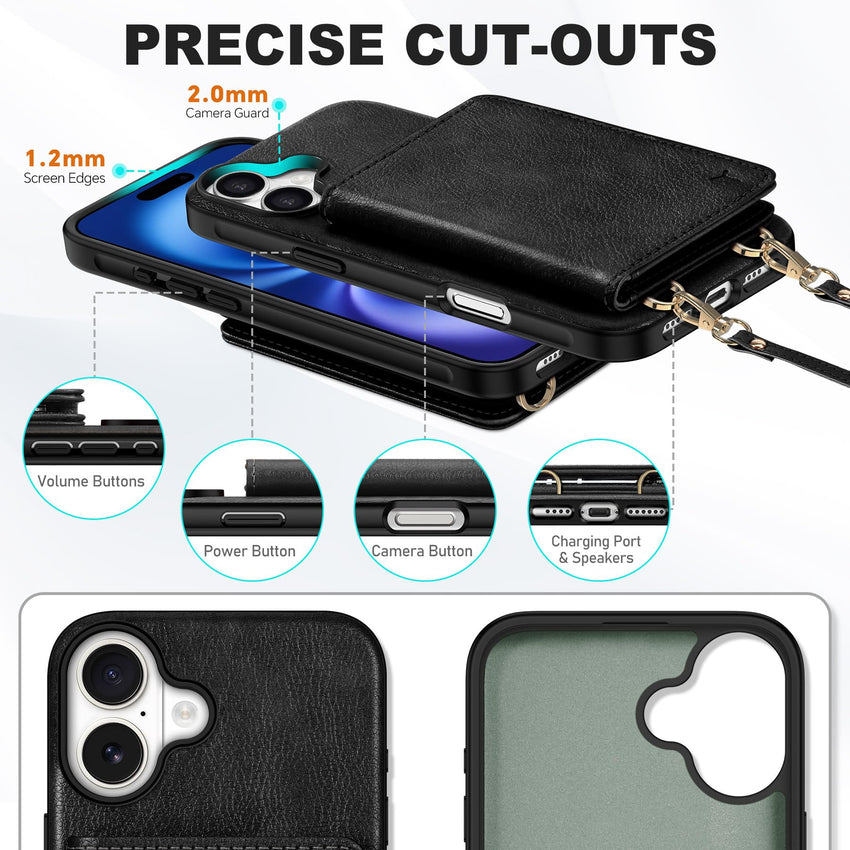 TUCCH Crossbody Wallet Case for iPhone 16 Pro (6.3"), RFID Blocking [6 Card Slots][Detachable Adjustable Lanyard], Magnetic Flip Wallet PU Leather Shockproof Phone Cover for iPhone 16 Pro, Black - 7DAY'S