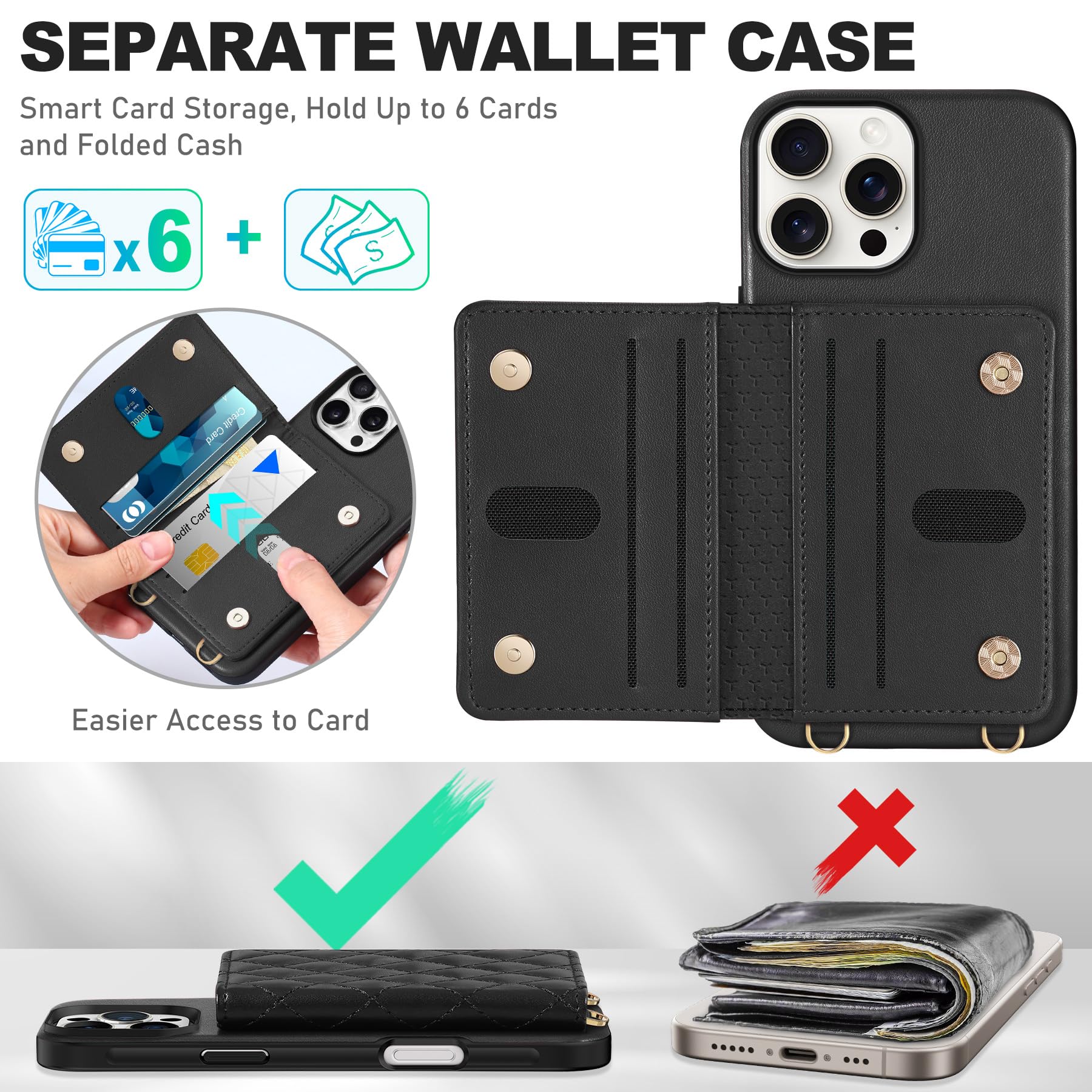 TUCCH Crossbody Wallet Case for iPhone 16 Pro (6.3"), RFID Blocking [6 Card Slots][Detachable Adjustable Lanyard], Magnetic Flip Wallet PU Leather Shockproof Phone Cover for iPhone 16 Pro, Black - 7DAY'S