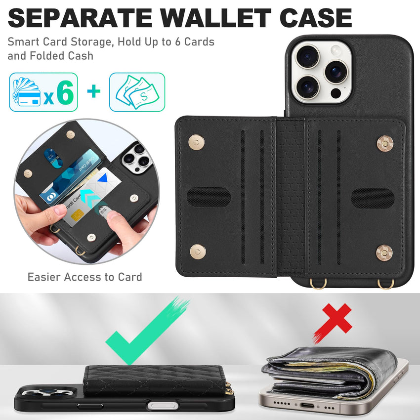 TUCCH Crossbody Wallet Case for iPhone 16 Pro (6.3"), RFID Blocking [6 Card Slots][Detachable Adjustable Lanyard], Magnetic Flip Wallet PU Leather Shockproof Phone Cover for iPhone 16 Pro, Black - 7DAY'S