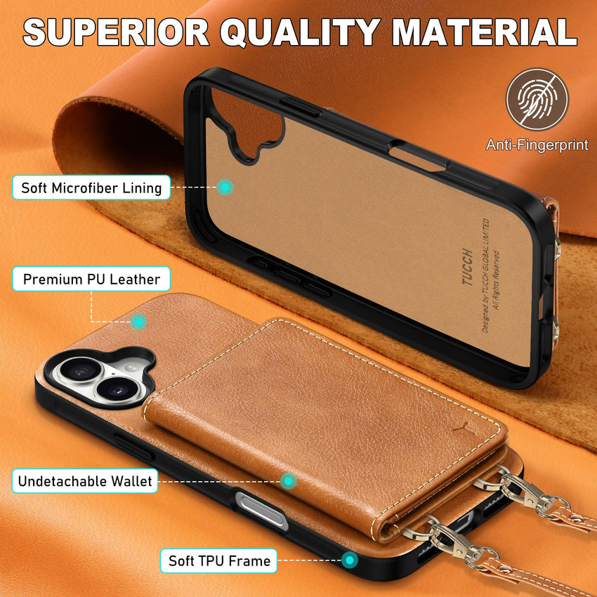 TUCCH Crossbody Wallet Case for iPhone 16 Pro (6.3"), RFID Blocking [6 Card Slots][Detachable Adjustable Lanyard], Magnetic Flip Wallet PU Leather Shockproof Phone Cover for iPhone 16 Pro, Black - 7DAY'S