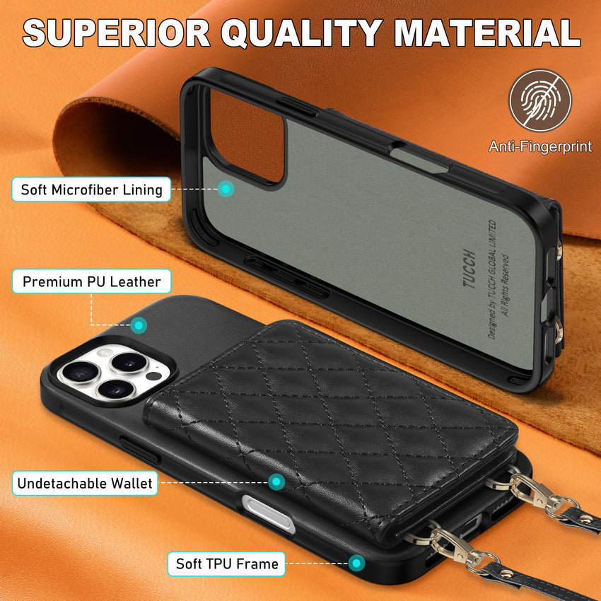 TUCCH Crossbody Wallet Case for iPhone 16 Pro (6.3"), RFID Blocking [6 Card Slots][Detachable Adjustable Lanyard], Magnetic Flip Wallet PU Leather Shockproof Phone Cover for iPhone 16 Pro, Black - 7DAY'S