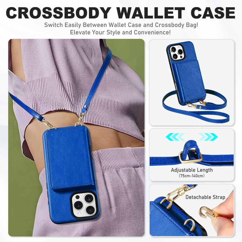 TUCCH Crossbody Wallet Case for iPhone 16 Pro (6.3"), RFID Blocking [6 Card Slots][Detachable Adjustable Lanyard], Magnetic Flip Wallet PU Leather Shockproof Phone Cover for iPhone 16 Pro, Black - 7DAY'S