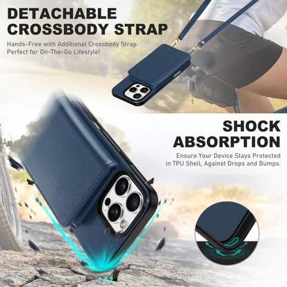 TUCCH Crossbody Wallet Case for iPhone 16 Pro (6.3"), RFID Blocking [6 Card Slots][Detachable Adjustable Lanyard], Magnetic Flip Wallet PU Leather Shockproof Phone Cover for iPhone 16 Pro, Black - 7DAY'S