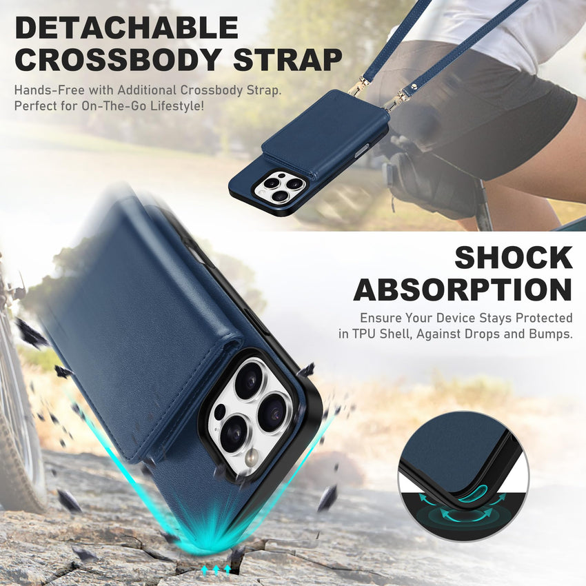 TUCCH Crossbody Wallet Case for iPhone 16 Pro (6.3"), RFID Blocking [6 Card Slots][Detachable Adjustable Lanyard], Magnetic Flip Wallet PU Leather Shockproof Phone Cover for iPhone 16 Pro, Black - 7DAY'S