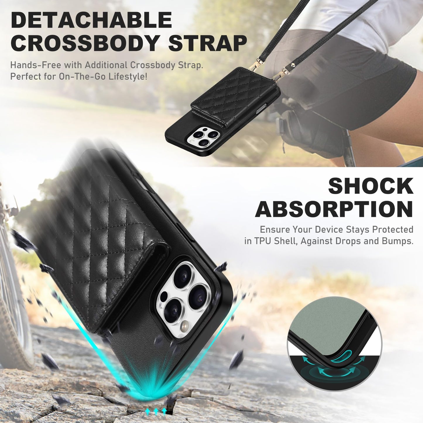 TUCCH Crossbody Wallet Case for iPhone 16 Pro (6.3"), RFID Blocking [6 Card Slots][Detachable Adjustable Lanyard], Magnetic Flip Wallet PU Leather Shockproof Phone Cover for iPhone 16 Pro, Black - 7DAY'S