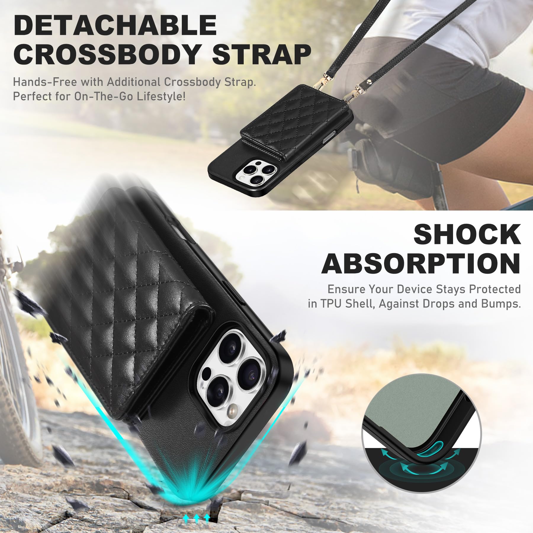 TUCCH Crossbody Wallet Case for iPhone 16 Pro (6.3"), RFID Blocking [6 Card Slots][Detachable Adjustable Lanyard], Magnetic Flip Wallet PU Leather Shockproof Phone Cover for iPhone 16 Pro, Black - 7DAY'S