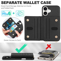 TUCCH Crossbody Wallet Case for iPhone 16 Pro (6.3"), RFID Blocking [6 Card Slots][Detachable Adjustable Lanyard], Magnetic Flip Wallet PU Leather Shockproof Phone Cover for iPhone 16 Pro, Black - 7DAY'S