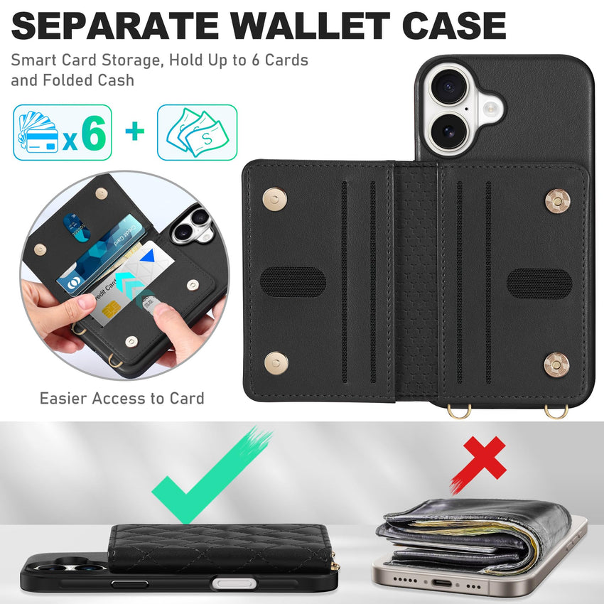 TUCCH Crossbody Wallet Case for iPhone 16 Pro (6.3"), RFID Blocking [6 Card Slots][Detachable Adjustable Lanyard], Magnetic Flip Wallet PU Leather Shockproof Phone Cover for iPhone 16 Pro, Black - 7DAY'S