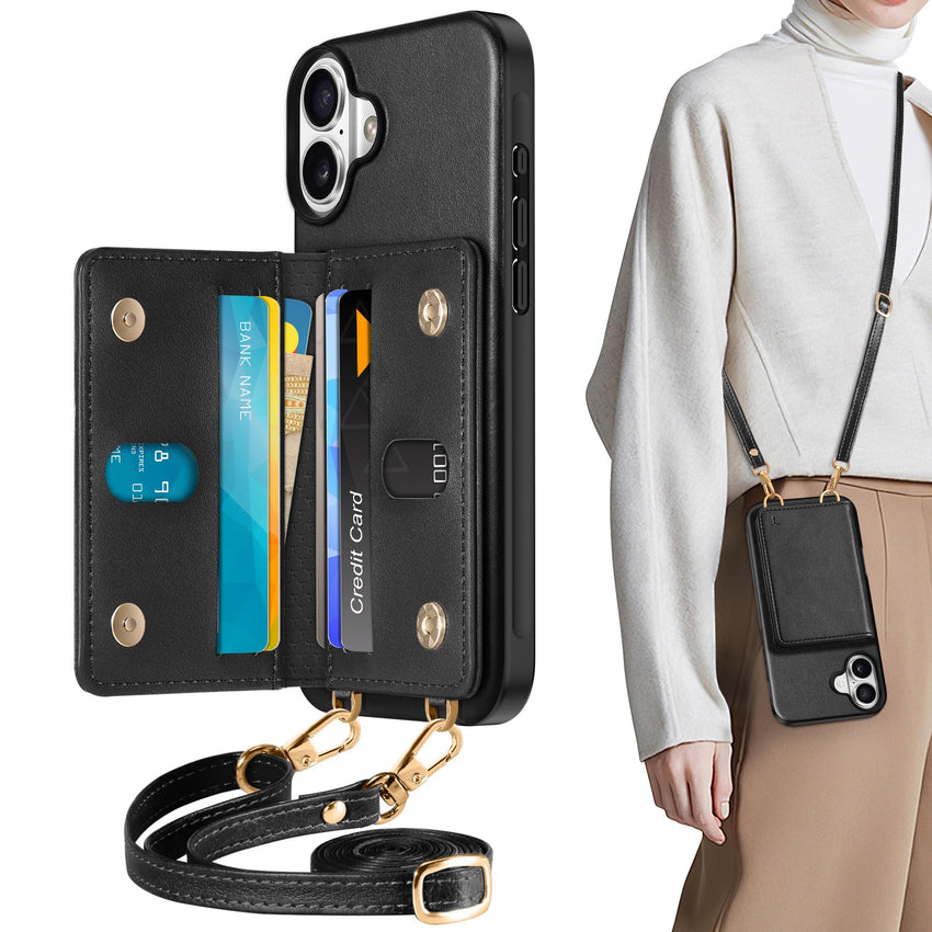 TUCCH Crossbody Wallet Case for iPhone 16 Pro (6.3"), RFID Blocking [6 Card Slots][Detachable Adjustable Lanyard], Magnetic Flip Wallet PU Leather Shockproof Phone Cover for iPhone 16 Pro, Black - 7DAY'S