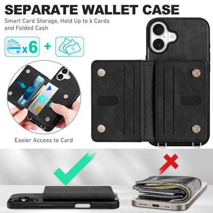 TUCCH Crossbody Wallet Case for iPhone 16 Pro (6.3"), RFID Blocking [6 Card Slots][Detachable Adjustable Lanyard], Magnetic Flip Wallet PU Leather Shockproof Phone Cover for iPhone 16 Pro, Black - 7DAY'S