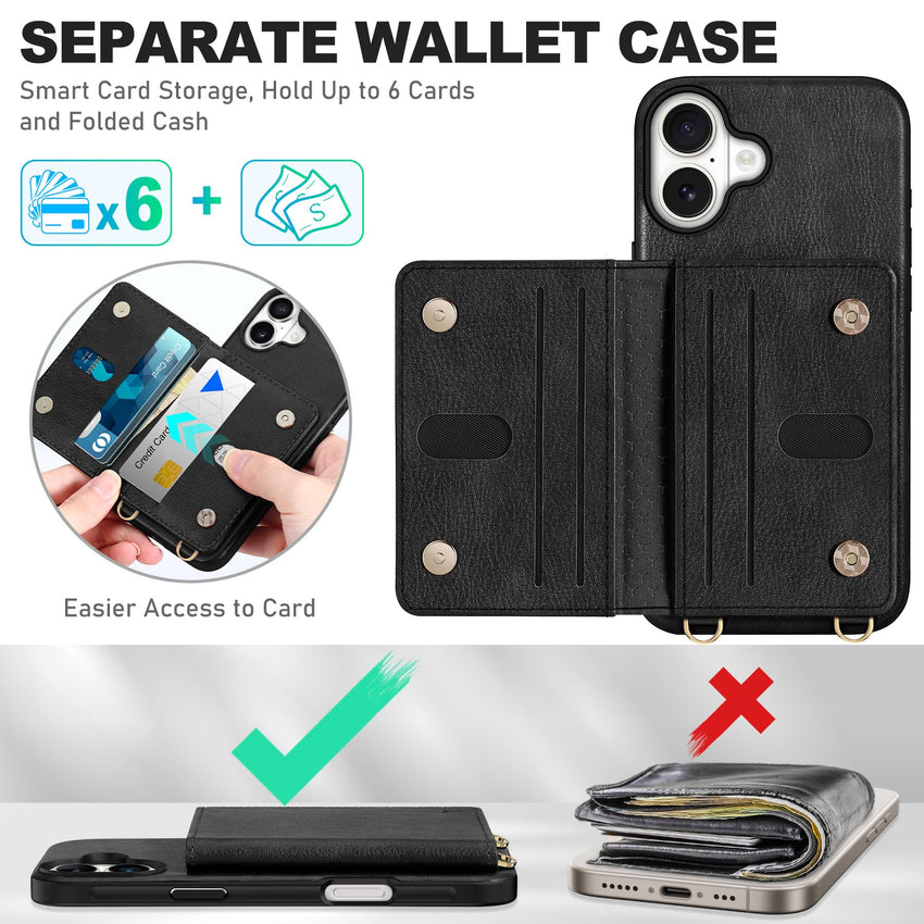 TUCCH Crossbody Wallet Case for iPhone 16 Pro (6.3"), RFID Blocking [6 Card Slots][Detachable Adjustable Lanyard], Magnetic Flip Wallet PU Leather Shockproof Phone Cover for iPhone 16 Pro, Black - 7DAY'S
