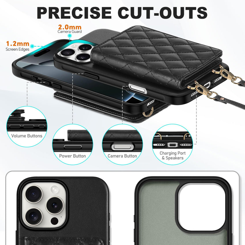 TUCCH Crossbody Wallet Case for iPhone 16 Pro (6.3"), RFID Blocking [6 Card Slots][Detachable Adjustable Lanyard], Magnetic Flip Wallet PU Leather Shockproof Phone Cover for iPhone 16 Pro, Black - 7DAY'S