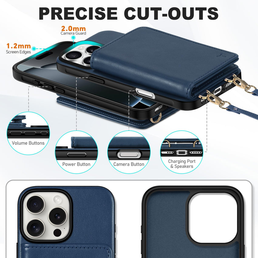 TUCCH Crossbody Wallet Case for iPhone 16 Pro (6.3"), RFID Blocking [6 Card Slots][Detachable Adjustable Lanyard], Magnetic Flip Wallet PU Leather Shockproof Phone Cover for iPhone 16 Pro, Black - 7DAY'S