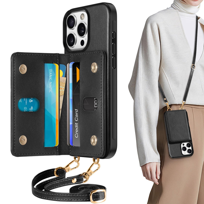 TUCCH Crossbody Wallet Case for iPhone 16 Pro (6.3"), RFID Blocking [6 Card Slots][Detachable Adjustable Lanyard], Magnetic Flip Wallet PU Leather Shockproof Phone Cover for iPhone 16 Pro, Black - 7DAY'S