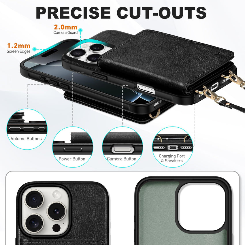 TUCCH Crossbody Wallet Case for iPhone 16 Pro (6.3"), RFID Blocking [6 Card Slots][Detachable Adjustable Lanyard], Magnetic Flip Wallet PU Leather Shockproof Phone Cover for iPhone 16 Pro, Black - 7DAY'S