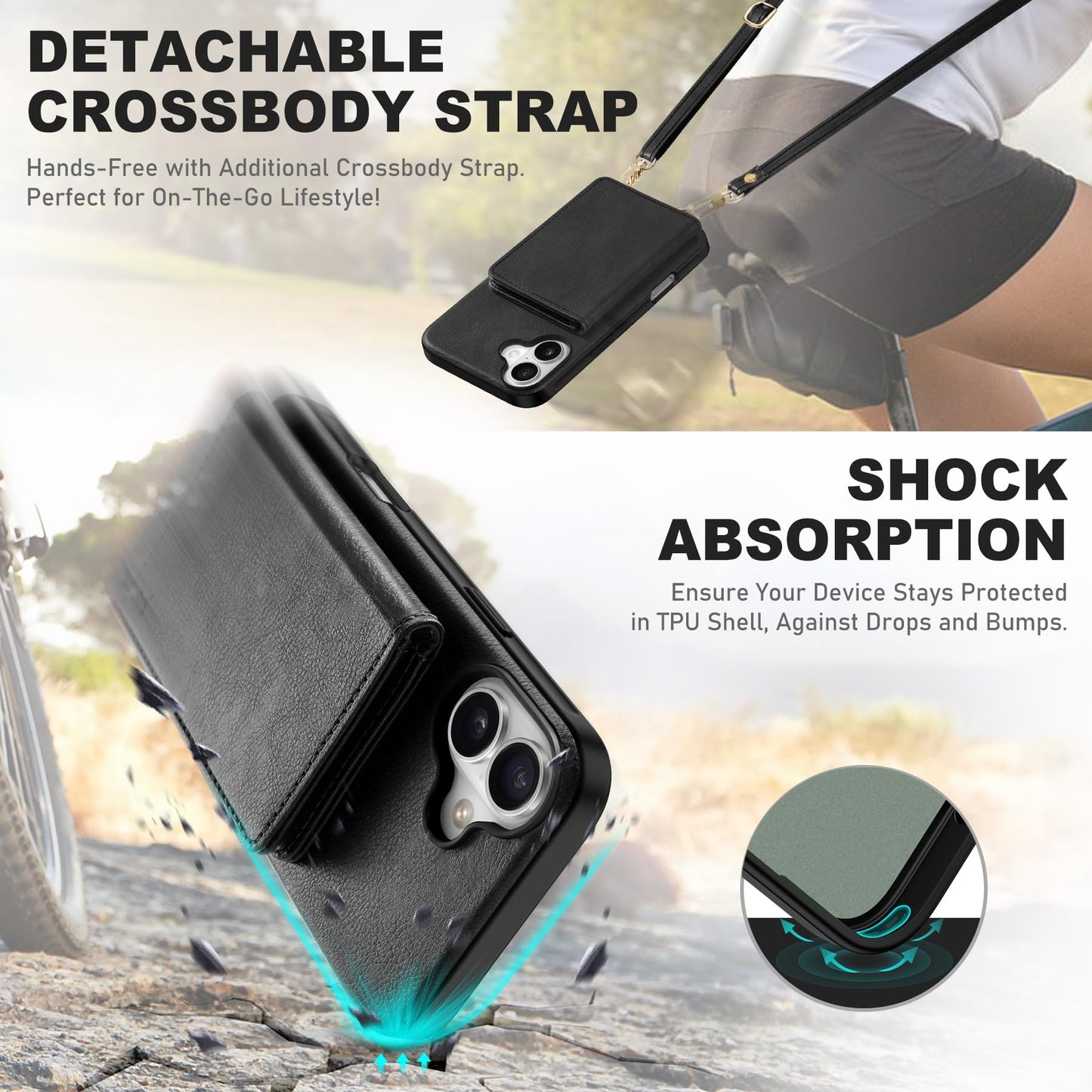 TUCCH Crossbody Wallet Case for iPhone 16 Pro (6.3"), RFID Blocking [6 Card Slots][Detachable Adjustable Lanyard], Magnetic Flip Wallet PU Leather Shockproof Phone Cover for iPhone 16 Pro, Black - 7DAY'S