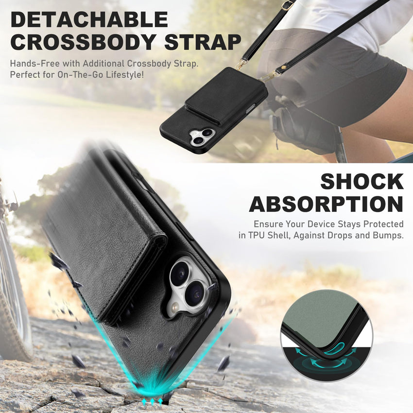 TUCCH Crossbody Wallet Case for iPhone 16 Pro (6.3"), RFID Blocking [6 Card Slots][Detachable Adjustable Lanyard], Magnetic Flip Wallet PU Leather Shockproof Phone Cover for iPhone 16 Pro, Black - 7DAY'S
