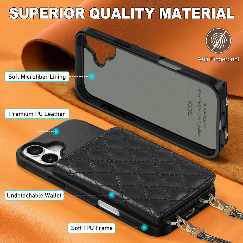 TUCCH Crossbody Wallet Case for iPhone 16 Pro (6.3"), RFID Blocking [6 Card Slots][Detachable Adjustable Lanyard], Magnetic Flip Wallet PU Leather Shockproof Phone Cover for iPhone 16 Pro, Black - 7DAY'S