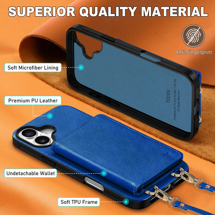 TUCCH Crossbody Wallet Case for iPhone 16 Pro (6.3"), RFID Blocking [6 Card Slots][Detachable Adjustable Lanyard], Magnetic Flip Wallet PU Leather Shockproof Phone Cover for iPhone 16 Pro, Black - 7DAY'S