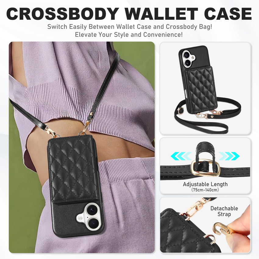 TUCCH Crossbody Wallet Case for iPhone 16 Pro (6.3"), RFID Blocking [6 Card Slots][Detachable Adjustable Lanyard], Magnetic Flip Wallet PU Leather Shockproof Phone Cover for iPhone 16 Pro, Black - 7DAY'S