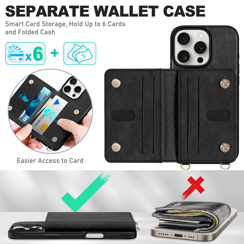 TUCCH Crossbody Wallet Case for iPhone 16 Pro (6.3"), RFID Blocking [6 Card Slots][Detachable Adjustable Lanyard], Magnetic Flip Wallet PU Leather Shockproof Phone Cover for iPhone 16 Pro, Black - 7DAY'S