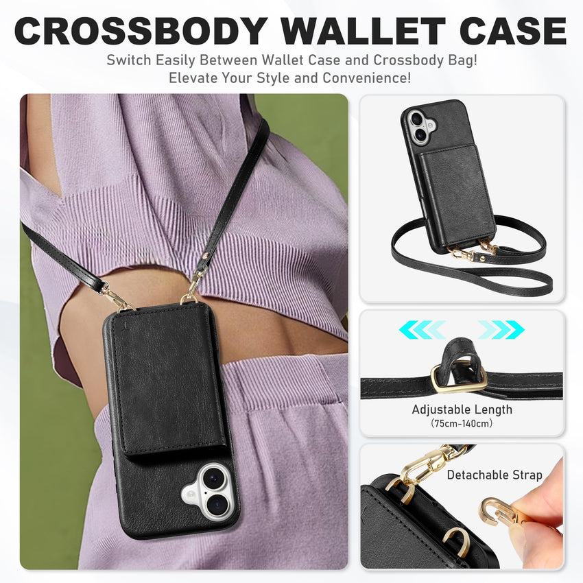 TUCCH Crossbody Wallet Case for iPhone 16 Pro (6.3"), RFID Blocking [6 Card Slots][Detachable Adjustable Lanyard], Magnetic Flip Wallet PU Leather Shockproof Phone Cover for iPhone 16 Pro, Black - 7DAY'S