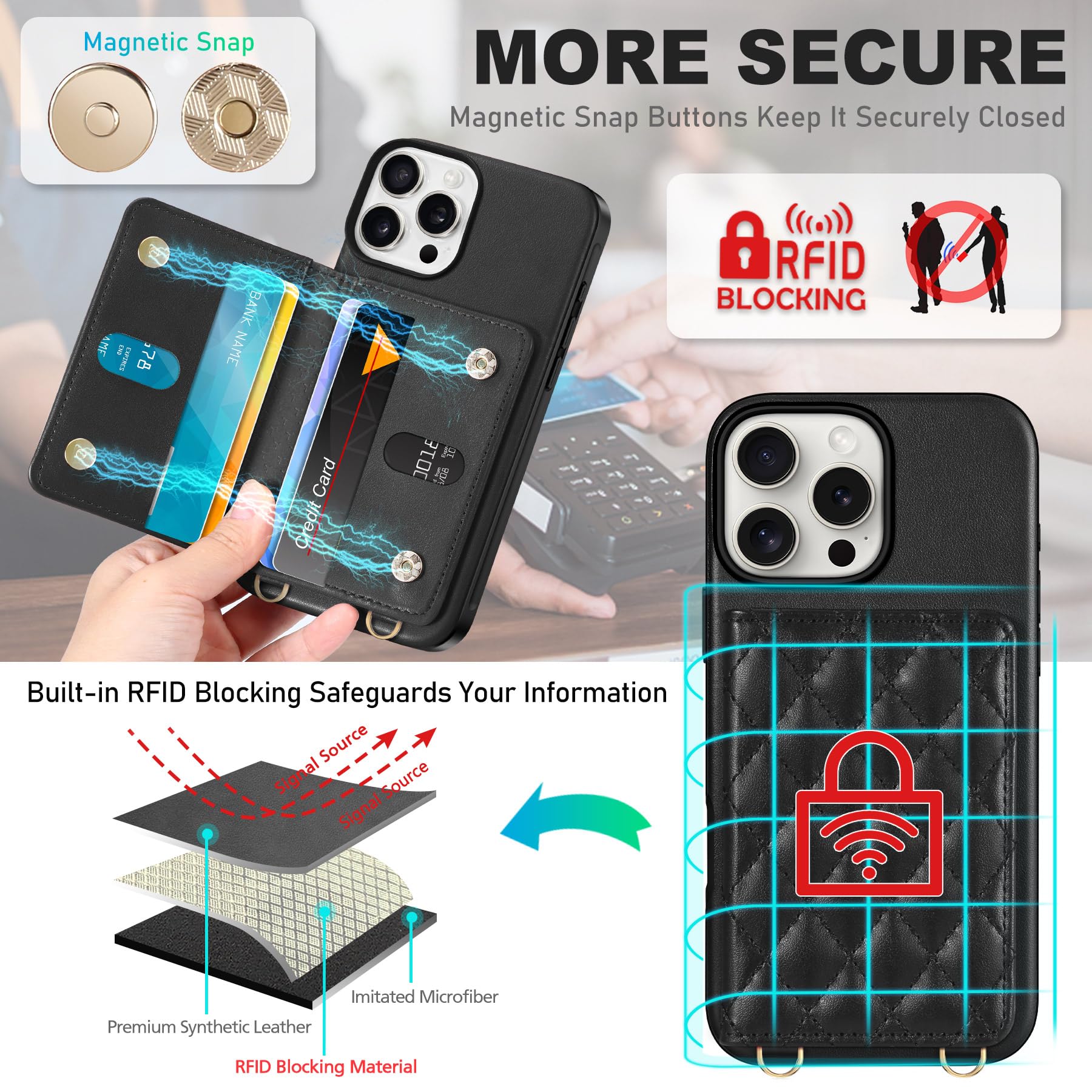 TUCCH Crossbody Wallet Case for iPhone 16 Pro (6.3"), RFID Blocking [6 Card Slots][Detachable Adjustable Lanyard], Magnetic Flip Wallet PU Leather Shockproof Phone Cover for iPhone 16 Pro, Black - 7DAY'S