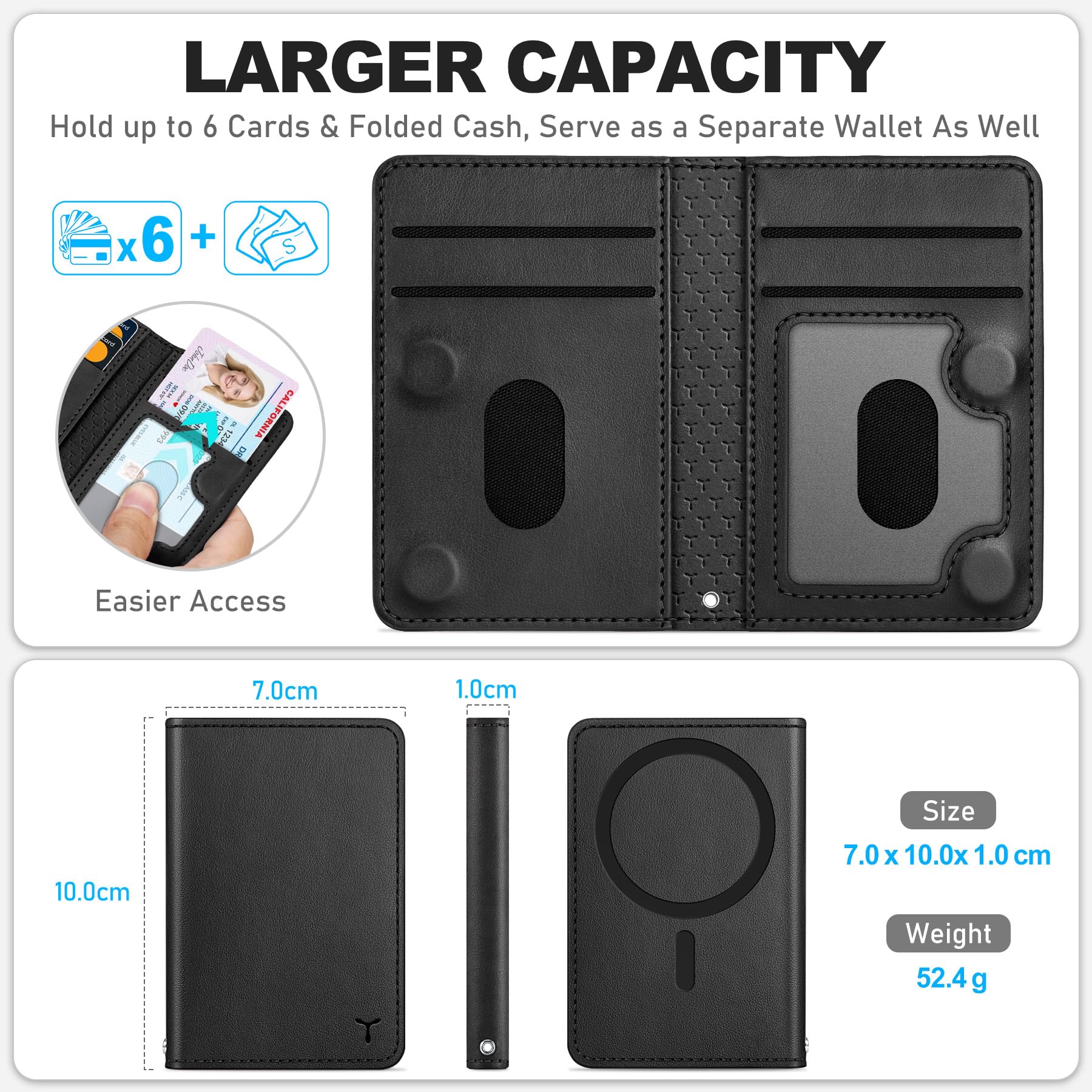 TUCCH for Magsafe Wallet with 6 Card Holders, RFID Blocking [Clear ID Window] PU Leather Men Women Folio Magnetic Phone Wallet for iPhone 16/15/14/13/12/Plus/Pro/Pro Max Series, Black - 7DAY'S
