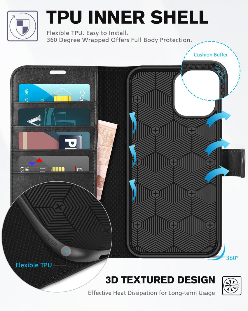 TUCCH Wallet Case Compatible with iPhone 12 Pro Max 5G 6.7", PU Leather Card Slot Kickstand [Protective TPU Interior Case], RFID Blocking Magnetic Flip Cover for iPhone 12 Pro Max 6.7", Black - 7DAY'S