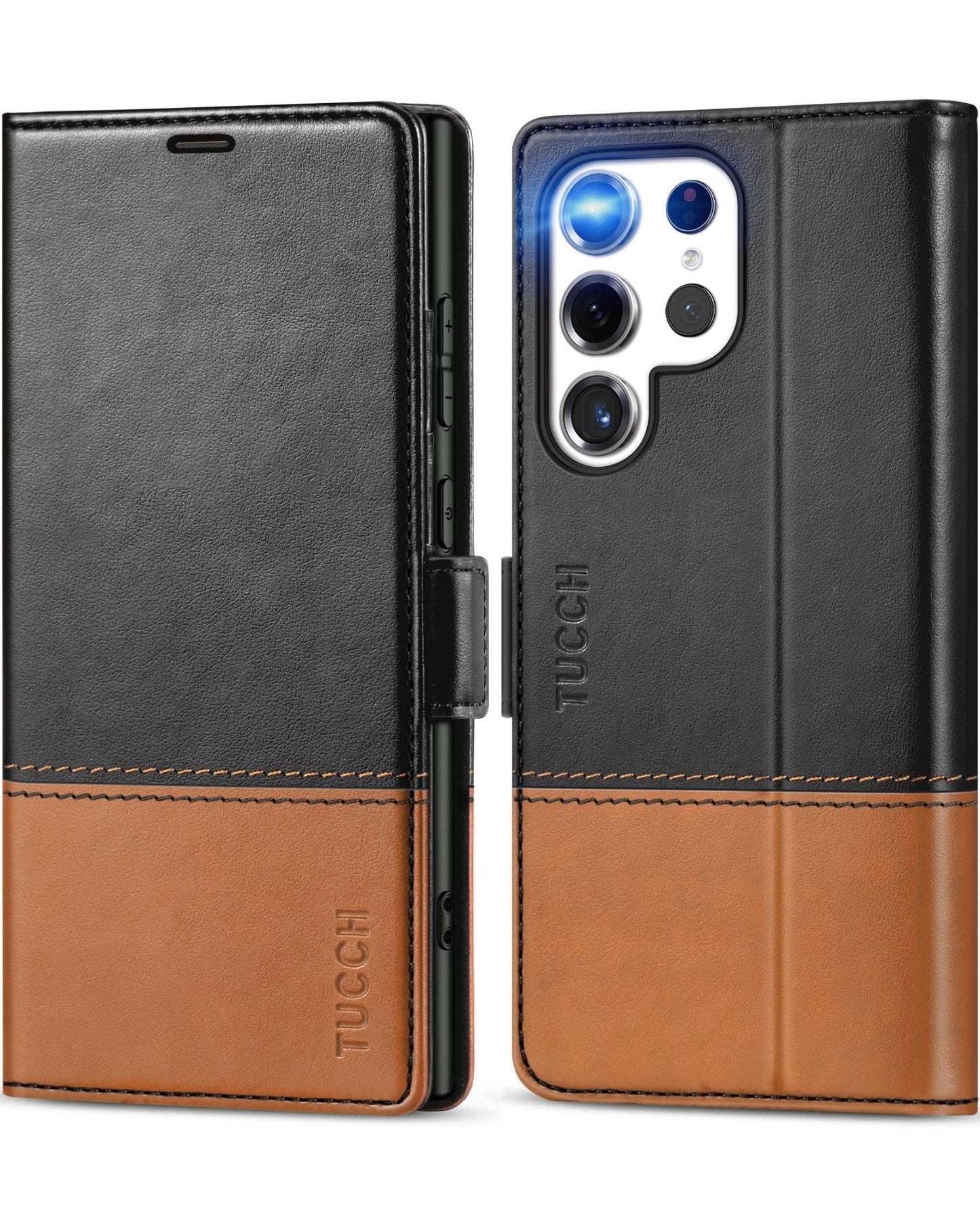 TUCCH Wallet Case for Galaxy S24 Ultra 5G, Magnetic PU Leather Stand [RFID Blocking] Card Slot Folio Cover with TPU Shockproof Inner Shell Compatible with Galaxy S24 Ultra 6.8 - Inch 2024, Black & Brown - 7DAY'S