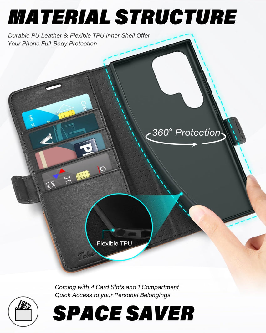 TUCCH Wallet Case for Galaxy S24 Ultra 5G, Magnetic PU Leather Stand [RFID Blocking] Card Slot Folio Cover with TPU Shockproof Inner Shell Compatible with Galaxy S24 Ultra 6.8 - Inch 2024, Black & Brown - 7DAY'S