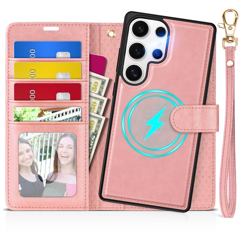 TUCCH Wallet Case for Galaxy S25 Ultra, Removable RFID Blocking [4 Card Slots] Wrist Strap Wireless Charging Kickstand PU Leather Magnetic Detachable Protective Cover for Galaxy S25 Ultra 6.9", Black - 7DAY'S