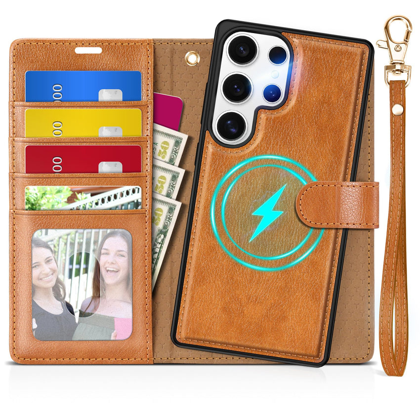 TUCCH Wallet Case for Galaxy S25 Ultra, Removable RFID Blocking [4 Card Slots] Wrist Strap Wireless Charging Kickstand PU Leather Magnetic Detachable Protective Cover for Galaxy S25 Ultra 6.9", Black - 7DAY'S