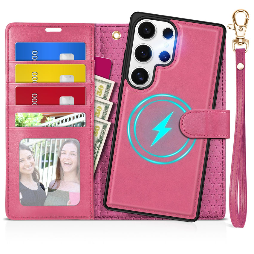 TUCCH Wallet Case for Galaxy S25 Ultra, Removable RFID Blocking [4 Card Slots] Wrist Strap Wireless Charging Kickstand PU Leather Magnetic Detachable Protective Cover for Galaxy S25 Ultra 6.9", Black - 7DAY'S