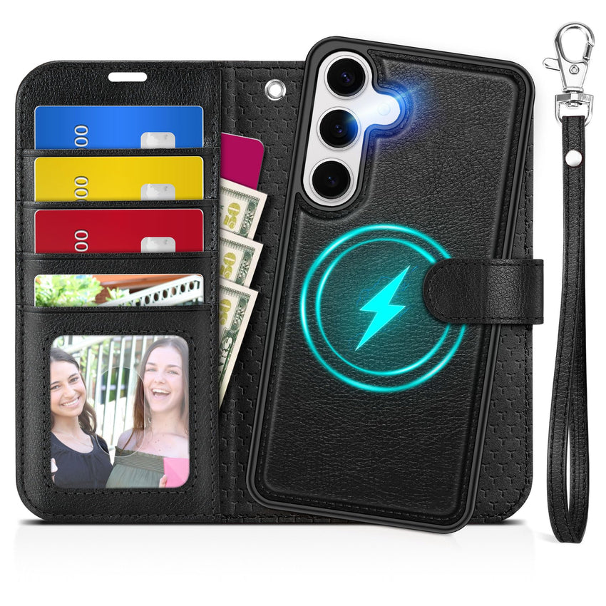 TUCCH Wallet Case for Galaxy S25 Ultra, Removable RFID Blocking [4 Card Slots] Wrist Strap Wireless Charging Kickstand PU Leather Magnetic Detachable Protective Cover for Galaxy S25 Ultra 6.9", Black - 7DAY'S