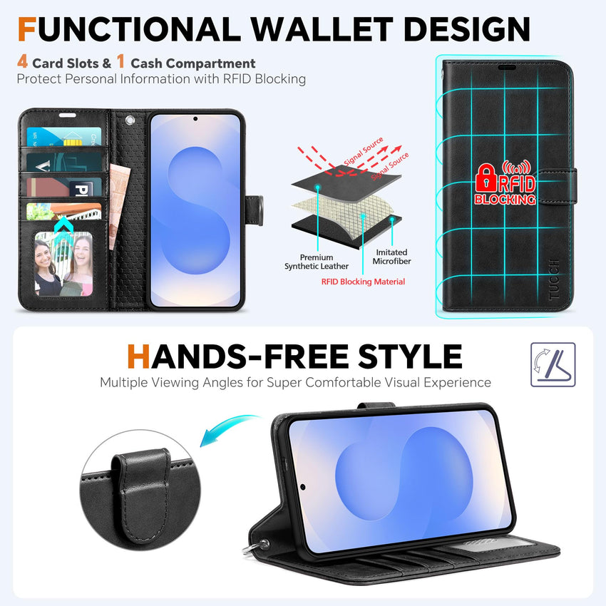 TUCCH Wallet Case for Galaxy S25 Ultra, Removable RFID Blocking [4 Card Slots] Wrist Strap Wireless Charging Kickstand PU Leather Magnetic Detachable Protective Cover for Galaxy S25 Ultra 6.9", Black - 7DAY'S