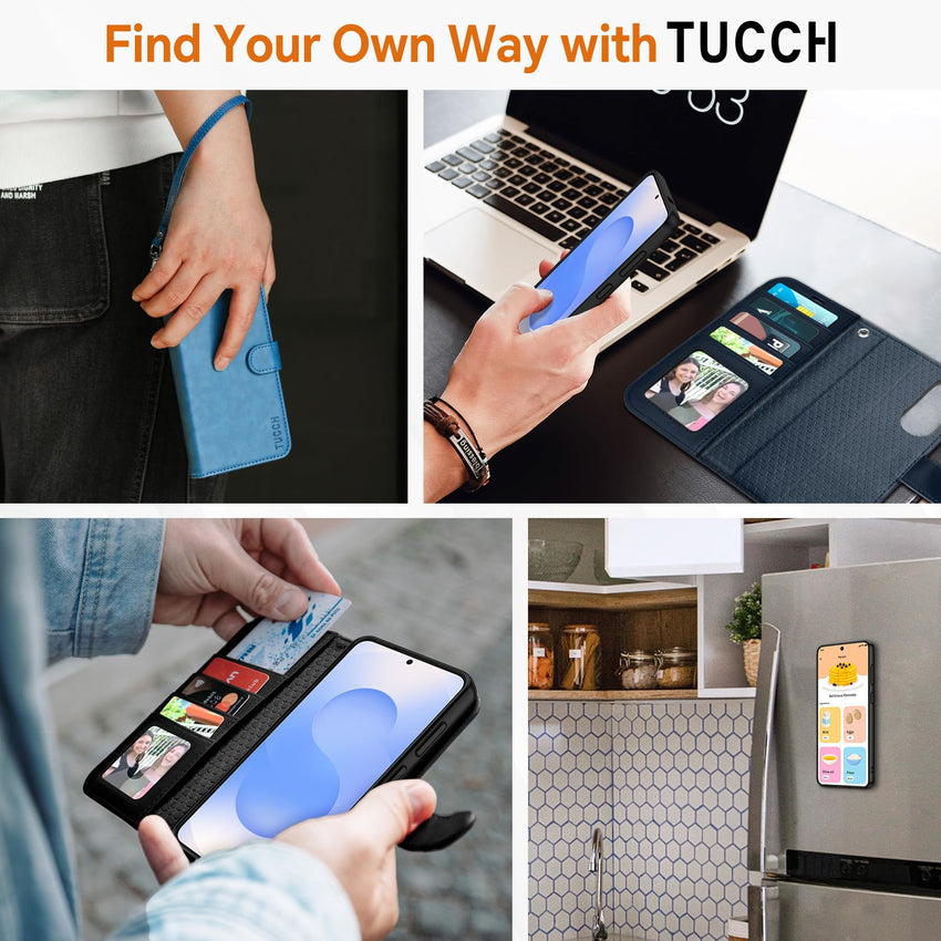 TUCCH Wallet Case for Galaxy S25 Ultra, Removable RFID Blocking [4 Card Slots] Wrist Strap Wireless Charging Kickstand PU Leather Magnetic Detachable Protective Cover for Galaxy S25 Ultra 6.9", Black - 7DAY'S