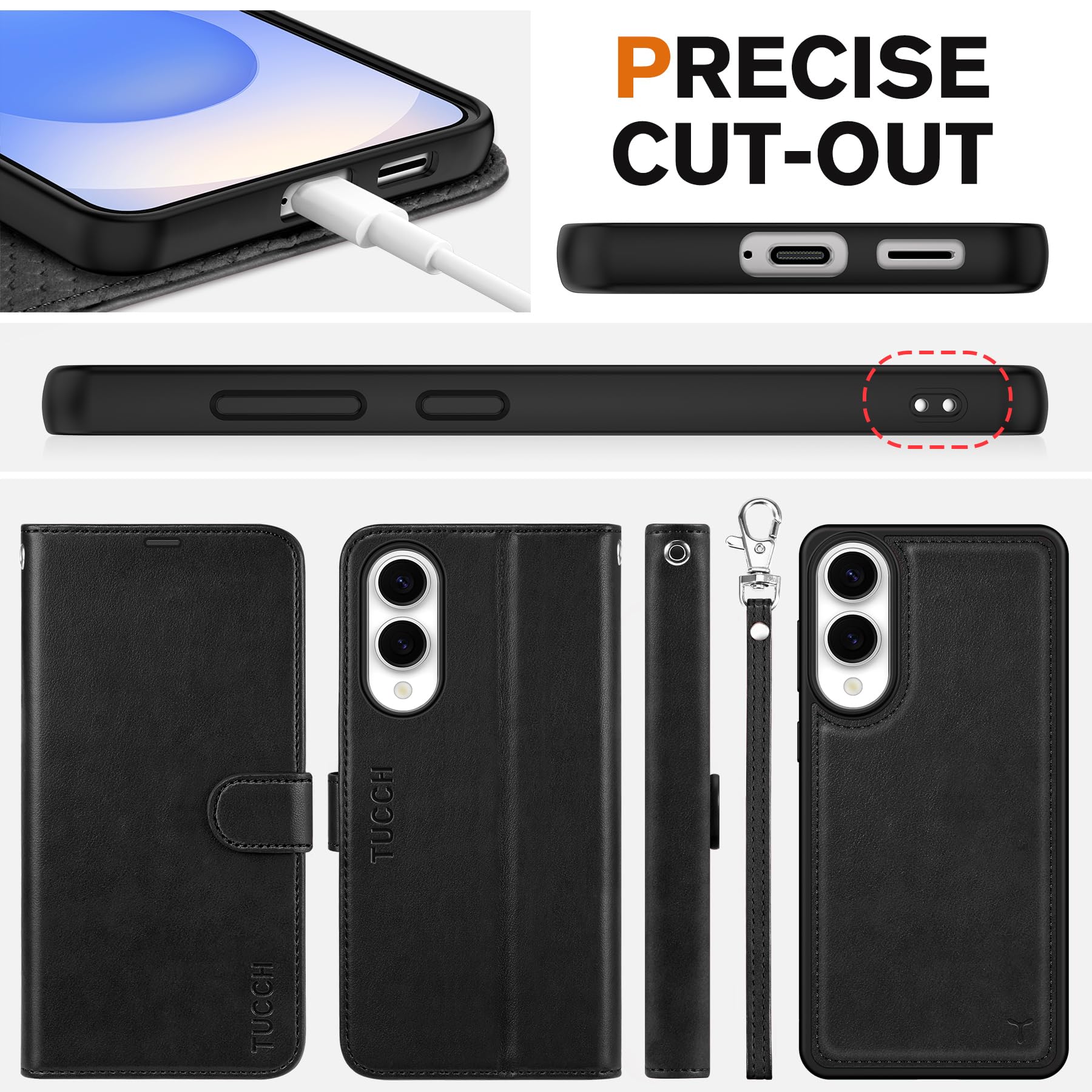 TUCCH Wallet Case for Galaxy S25 Ultra, Removable RFID Blocking [4 Card Slots] Wrist Strap Wireless Charging Kickstand PU Leather Magnetic Detachable Protective Cover for Galaxy S25 Ultra 6.9", Black - 7DAY'S