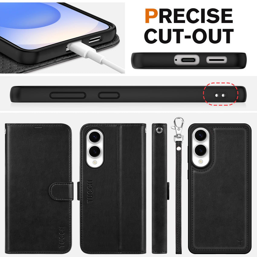 TUCCH Wallet Case for Galaxy S25 Ultra, Removable RFID Blocking [4 Card Slots] Wrist Strap Wireless Charging Kickstand PU Leather Magnetic Detachable Protective Cover for Galaxy S25 Ultra 6.9", Black - 7DAY'S