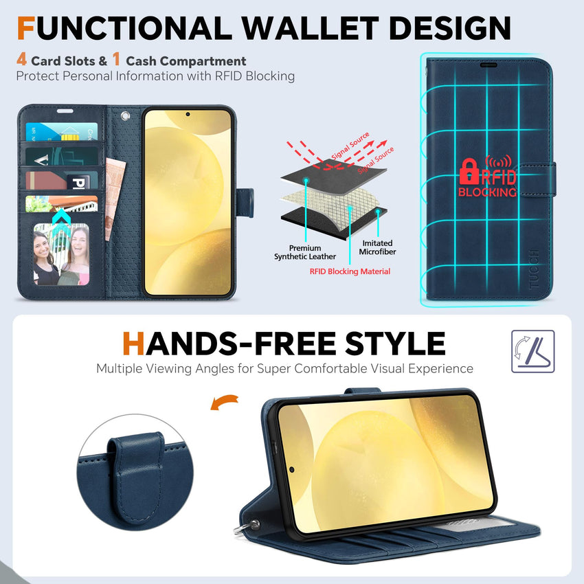 TUCCH Wallet Case for Galaxy S25 Ultra, Removable RFID Blocking [4 Card Slots] Wrist Strap Wireless Charging Kickstand PU Leather Magnetic Detachable Protective Cover for Galaxy S25 Ultra 6.9", Black - 7DAY'S