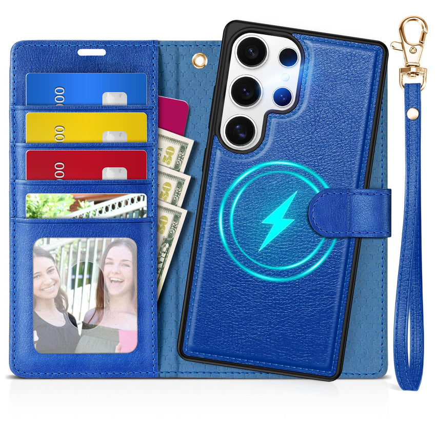 TUCCH Wallet Case for Galaxy S25 Ultra, Removable RFID Blocking [4 Card Slots] Wrist Strap Wireless Charging Kickstand PU Leather Magnetic Detachable Protective Cover for Galaxy S25 Ultra 6.9", Black - 7DAY'S