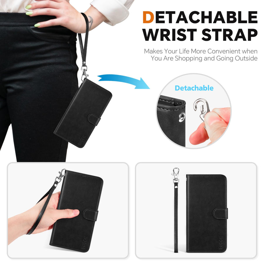 TUCCH Wallet Case for Galaxy S25 Ultra, Removable RFID Blocking [4 Card Slots] Wrist Strap Wireless Charging Kickstand PU Leather Magnetic Detachable Protective Cover for Galaxy S25 Ultra 6.9", Black - 7DAY'S