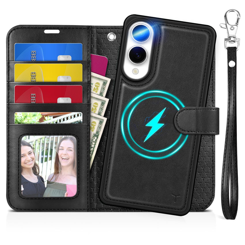 TUCCH Wallet Case for Galaxy S25 Ultra, Removable RFID Blocking [4 Card Slots] Wrist Strap Wireless Charging Kickstand PU Leather Magnetic Detachable Protective Cover for Galaxy S25 Ultra 6.9", Black - 7DAY'S