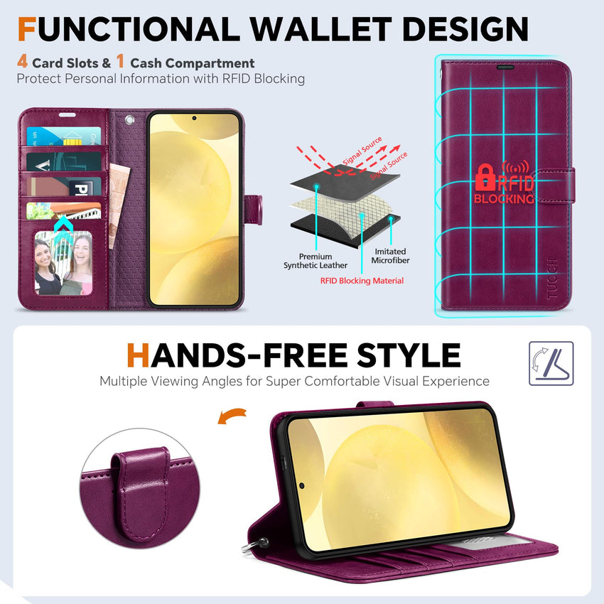 TUCCH Wallet Case for Galaxy S25 Ultra, Removable RFID Blocking [4 Card Slots] Wrist Strap Wireless Charging Kickstand PU Leather Magnetic Detachable Protective Cover for Galaxy S25 Ultra 6.9", Black - 7DAY'S