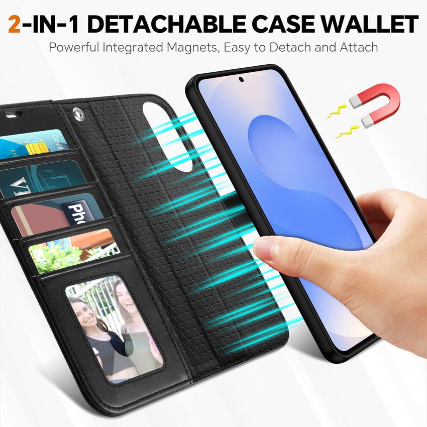 TUCCH Wallet Case for Galaxy S25 Ultra, Removable RFID Blocking [4 Card Slots] Wrist Strap Wireless Charging Kickstand PU Leather Magnetic Detachable Protective Cover for Galaxy S25 Ultra 6.9", Black - 7DAY'S